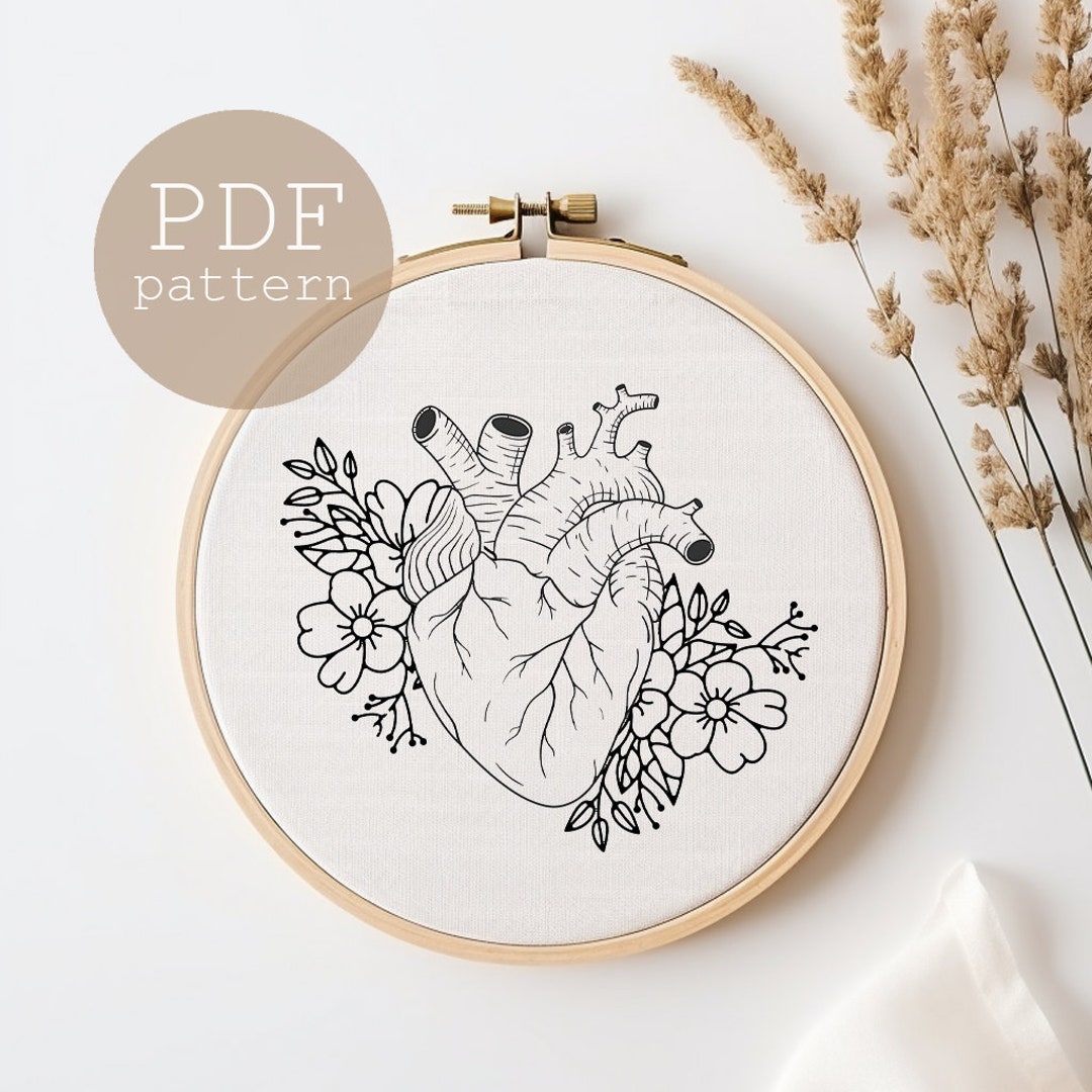 Anatomical Heart Embroidery Pattern, Heart Embroidery, Flowers ...
