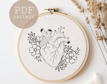 Anatomical Heart Embroidery Pattern, Heart Embroidery, Flowers Embroidery Design, Digital PDF pattern, Human Heart Embroidery,modern pattern