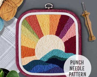 Sunset Landscape Punch Needle Pattern: Modern DIY Home Decor, fiber art (PDF template)