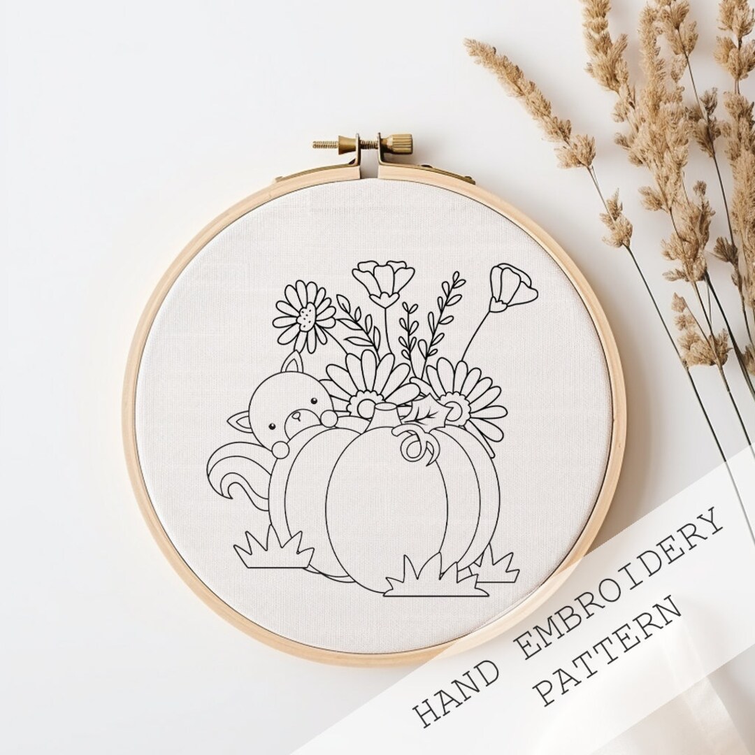 Pumpkin Floral Hand Embroidery Pattern: Autumn Woodland Design (PDF ...