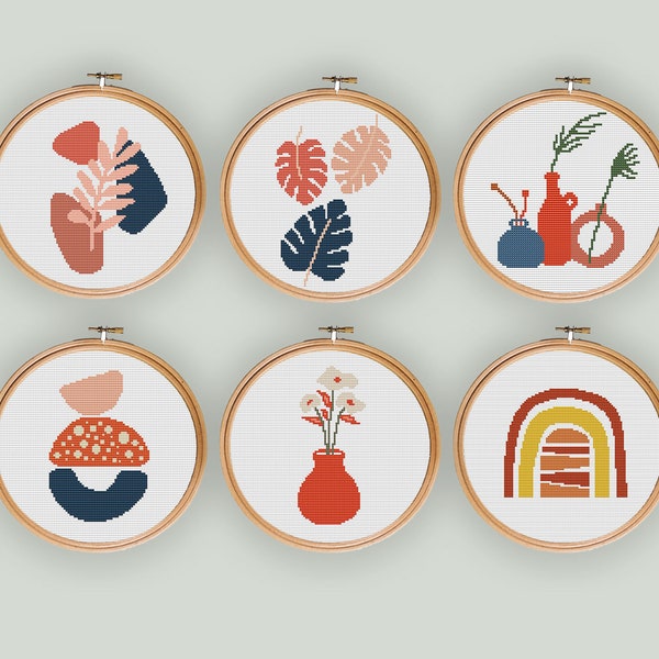 Set of 6 Modern cross stitch pattern,cross stitch pattern. plants cross stitch pattern. Hand embroidery hoop art, abstract cross stitch