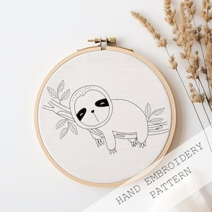 Sloth hand embroidery PDF pattern, DIY nursery embroidery hoop art, beginner thread painting project, cute animal needlepoint craft pattern