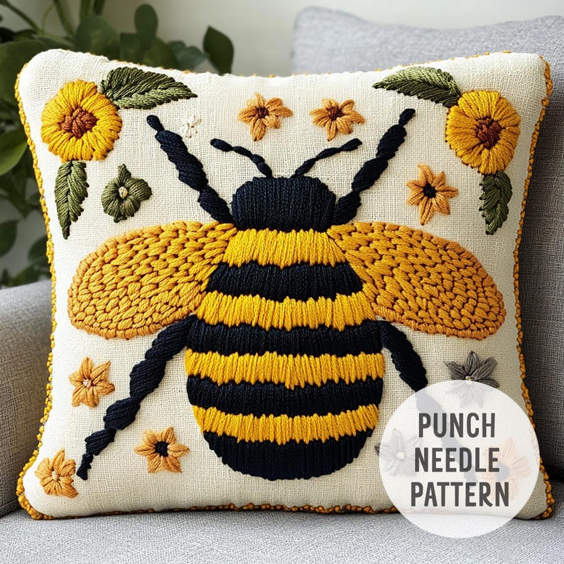May include: A white pillow with a punch needle embroidery design of a yellow and black bee surrounded by yellow flowers. The text "PUNCH NEEDLE PATTERN" is in the bottom right corner of the pillow.