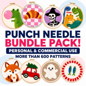 May include: A punch needle bundle pack featuring over 600 patterns. The image displays eight circular embroidery hoops with designs including a green dinosaur with bubblegum, a croissant, a skeleton, dinosaurs, a fox, a car, a ghost, and fish.