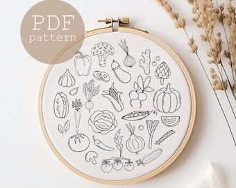 Veggies Hand Embroidery Pattern, PDF Download, Embroidery Hoop Art, Veg Box embroidery pattern, modern embroidery, beetroot, carrots, onions