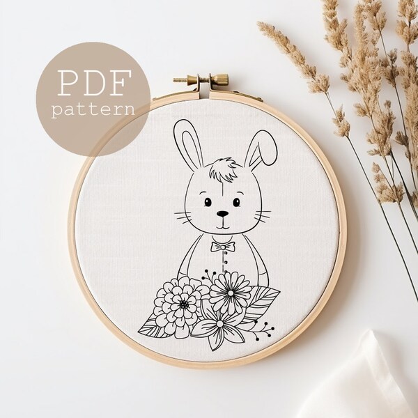 Sweet bunny, Hand embroidery pattern, PDF DOWNLOAD, stitching, DIY modern embroidery wall art, quirky animals hand embroidery, dad idea gift