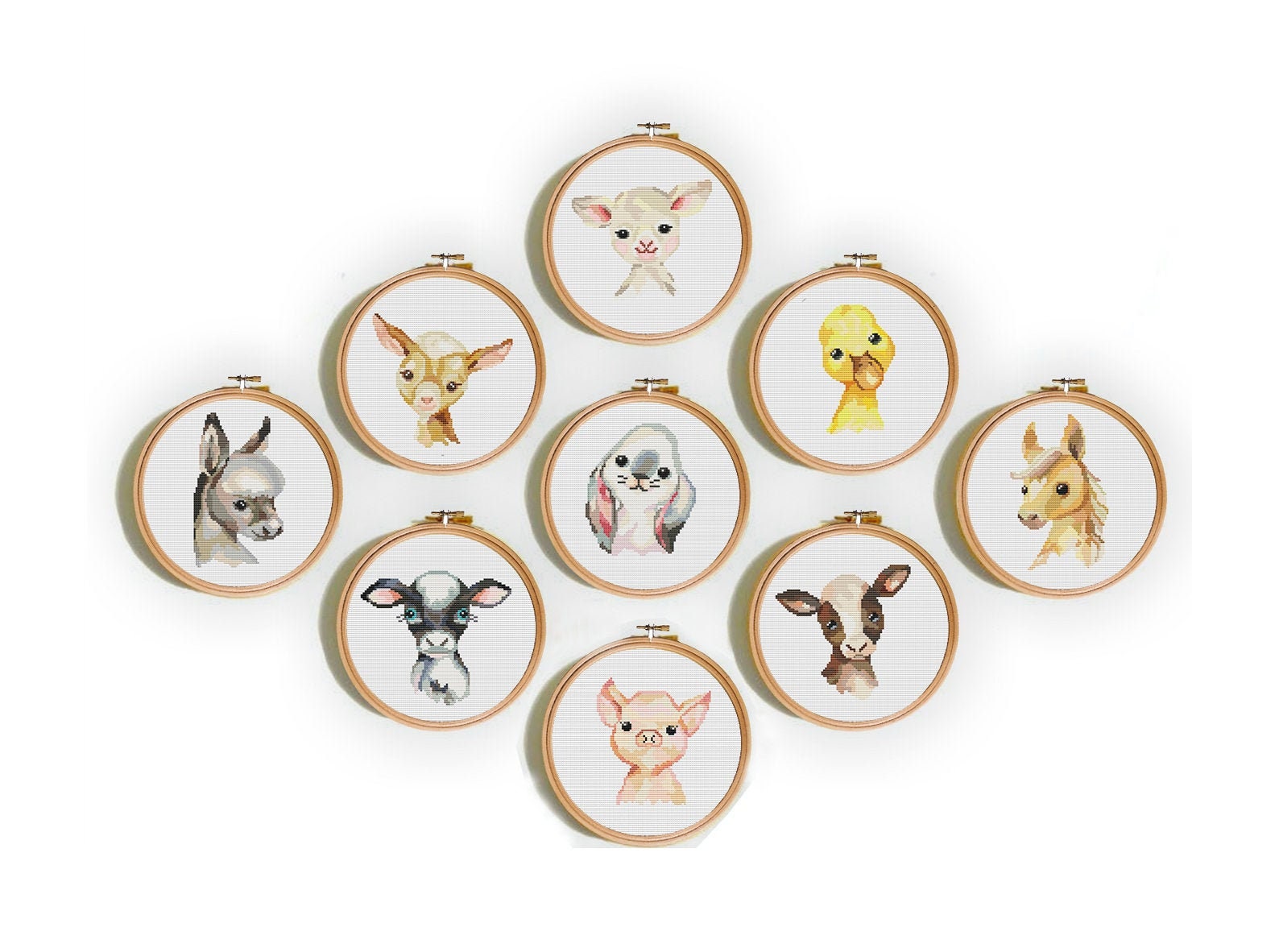 Baby animals cross stitch patterns, farm animals set of 9 bunny horse caw duck pig Enchanted nursery decor tapestry kids cross stitch farm