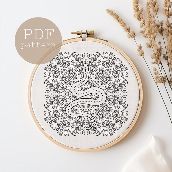 Snake Embroidery Pattern, Snake Moon Embroidery Pattern, insect needlework, modern embroidery, Embroidery Digital Pattern, Wiccan Embroidery