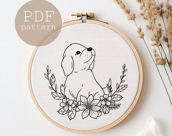 Dog Floral Hand Embroidery Pattern, dog Silhouette Embroidery PDF, Embroidery Pattern Pdf, Modern Hand Embroidery PDF Pattern, dog design