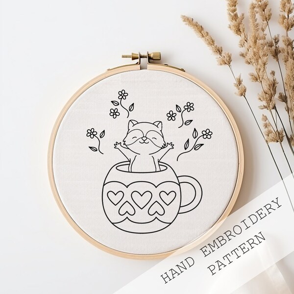 Cute Raccoon Hoop Art, Nature Hoop Art, Tea cup Embroidery, Raccoon Thread Painting Pattern, Woodland Embroidery Design, Needle Painting