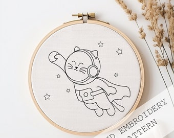 Moon Cat Embroidery Pattern, Galaxy Needlepoint Pattern, Cute Cat Hand Embroidery, Easy Embroidery, Cute Witchy Home Decor, Astronaut Cat