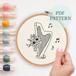 Hand Harp Pattern Harp Embroidery Pattern, Music Embroidery Pattern, Music Lifts the ...