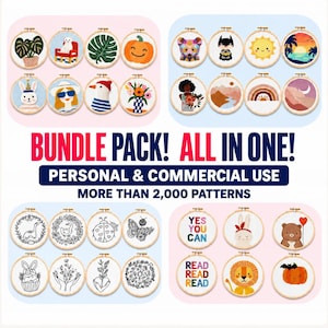 May include: A digital collection of embroidery patterns displayed in circular wooden hoops, featuring diverse designs including plants, animals, landscapes, and text. The image includes the text BUNDLE PACK! ALL IN ONE! PERSONAL & COMMERCIAL USE MORE THAN 2,000 PATTERNS.