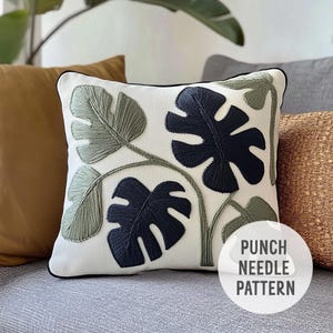 Monstera Leaves Punch Needle Pillow - Handmade Tufted Cushion with Tropical Jungle Boho Design - Modern Botanical Home and Living Room Decor