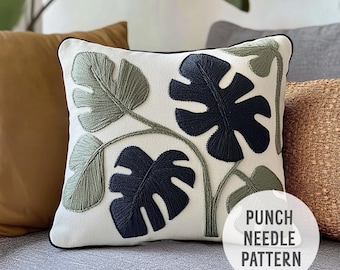 Monstera Leaf Punch Needle Pillow: Tropical Boho Cushion (PDF Pattern)