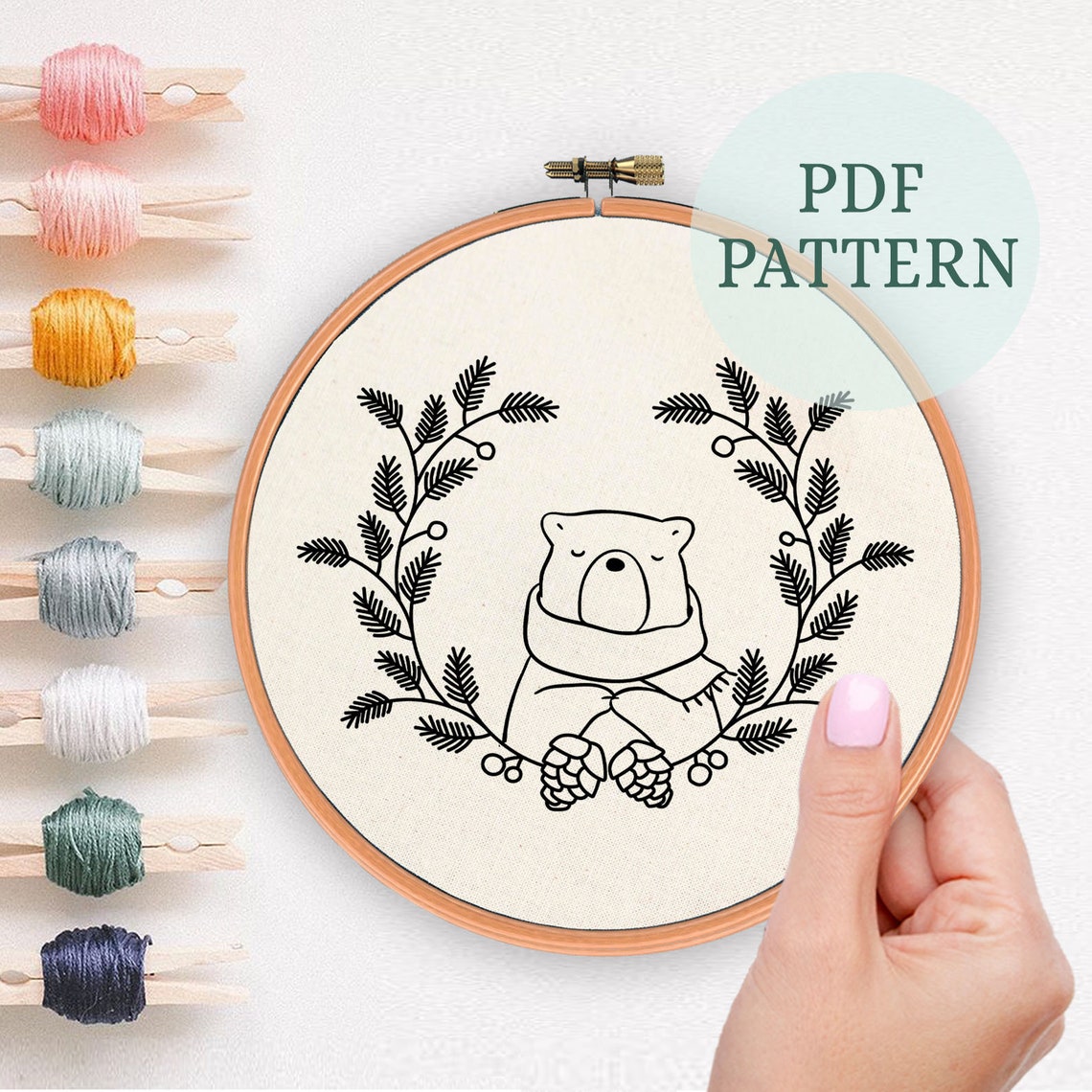 Winter Animal Bear Hand Embroidery Pattern Embroidery Etsy