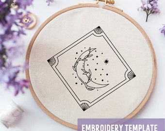 Mystical Digital PDF patterns, Crescent Moon with flower Hand Embroidery Pattern, PDF modern embroidery pattern, Hand stitched art,botanical