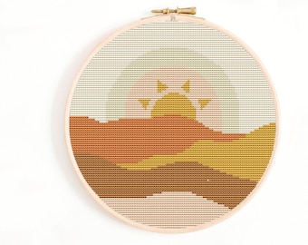 Sunset Landscape Cross Stitch Pattern, Boho Abstract (PDF Pattern)