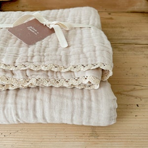 Organic Muslin Gauze Baby Blanket: Buttermilk Lace Trim, Heirloom Swaddle