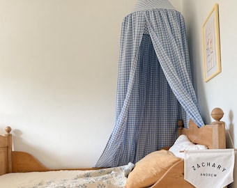 Sky Blue Gingham Bed Canopy: Kids Play Tent, Nursery Decor