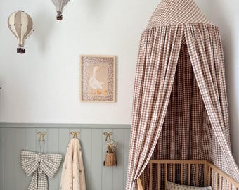 Gingham Bed Canopy: Teddy Bear Brown Checkered Cotton Canopy - Kids Decor