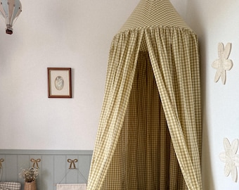 Gingham Bed Canopy: Vintage Country Green Checkered Cotton Canopy