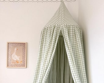 Gingham Bed Canopy: Cottage Green Checkered Cotton Canopy - Playroom Decor