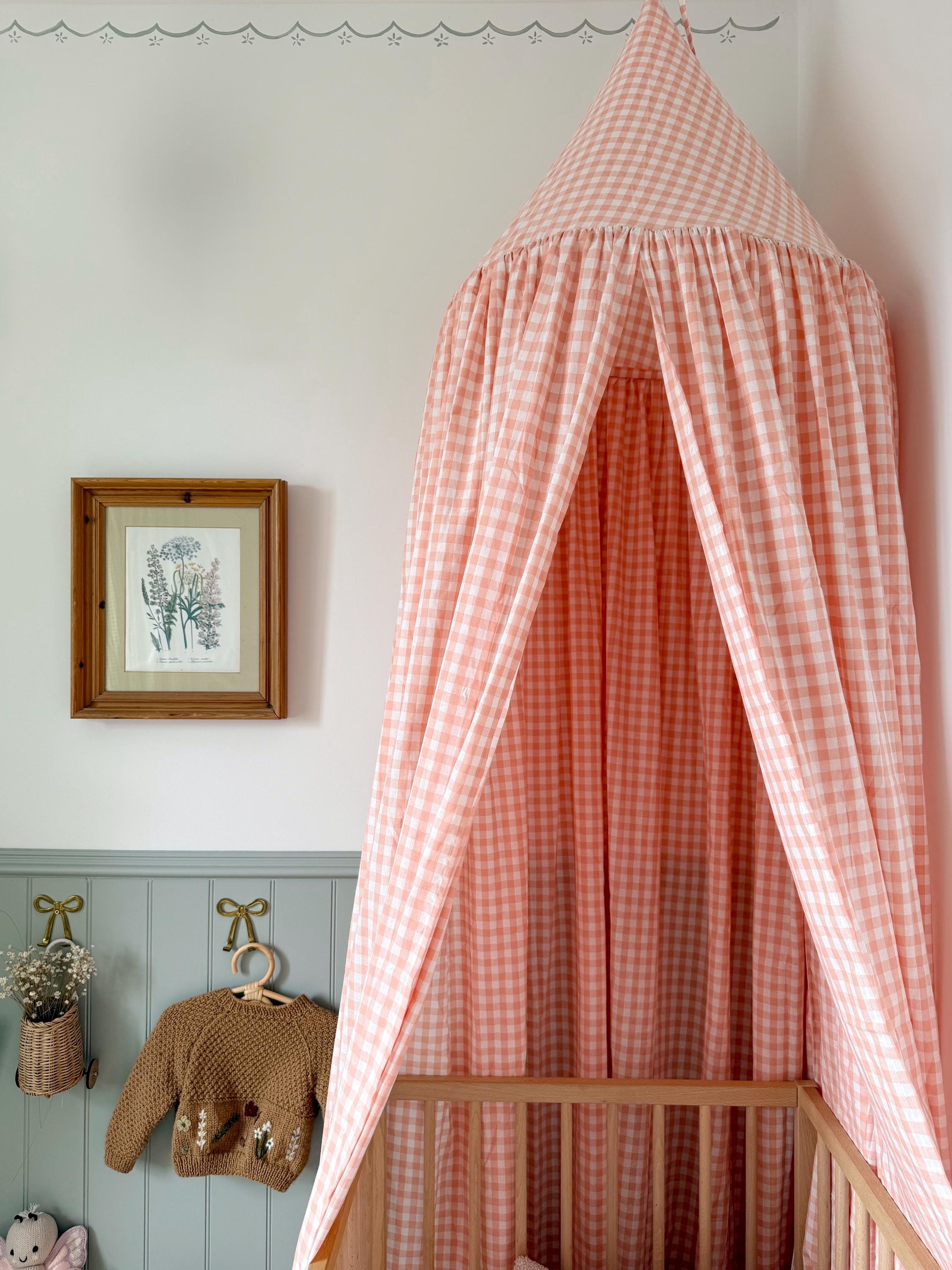 Gingham Bed Canopy - Coral Pink - Neutral Checkered Canopy - Crib Canopy for Kids -Teepee Tent Den Playroom - Childrens room decoration
