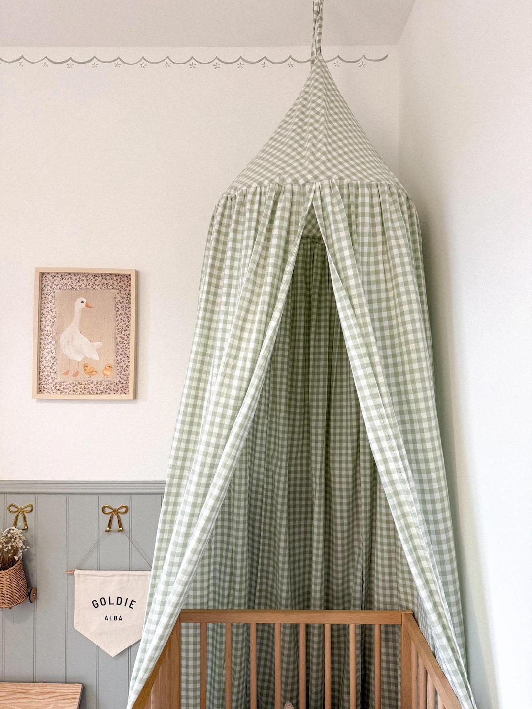 Gingham Bed Canopy: Cottage Green Checkered Cotton Canopy - Playroom ...