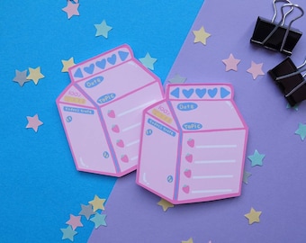 Strawberry Milk List Memo Pads | Kawaii Notepads | Reminder Notes | Cute Stationery | Note paper | Bullet Journal | Milk Carton | Milk Box