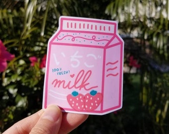 Ichigo Milk Carton Sticker | Strawberry Milk 3-Inch Weatherproof Laminated Sticker | Hydroflask, Laptop Sticker, Pink Cute Die-Cut Sticker