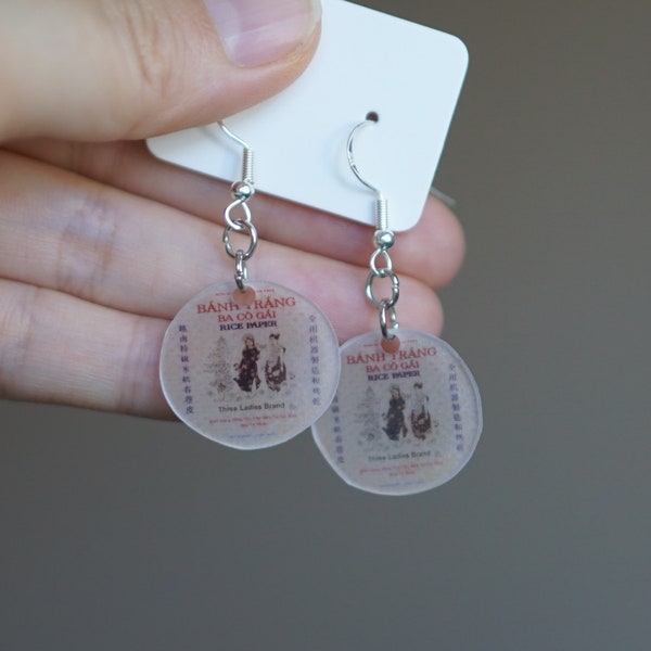 Bánh Tráng (Rice Paper) Hook Earrings | Shrink Plastic Jewelry | Funny Vietnamese Food Gift | Viet Cuisine | Three Ladies Brand | Dangles