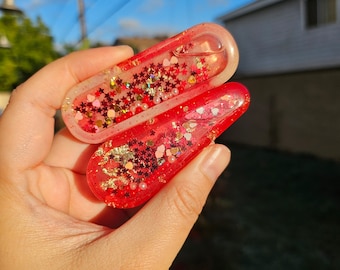 Red Gold Resin Shaker Hair Clip | Quicksand Red and Golden Barette Hair Accessory | Epoxy Resin Shaker Clip