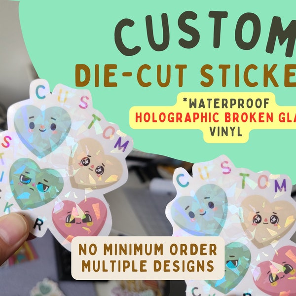 Custom Vinyl Holographic Broken Glass Style Stickers - Die Cut - No Minimum - Full Color - Multiple Different Images OK! - Waterproof