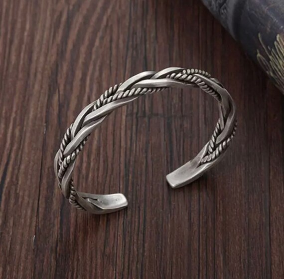 Mens Stainless Steel Woven Twisted Solid Open Bangle Etsy UK