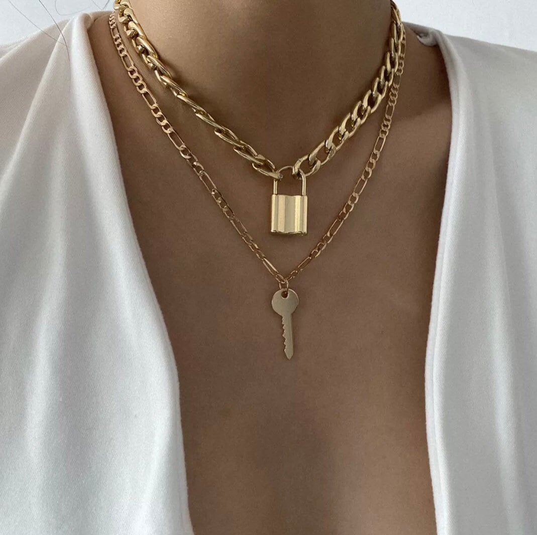 Bellofox Lock & Key Layered Pendant & Chain Necklace, Gold Plated