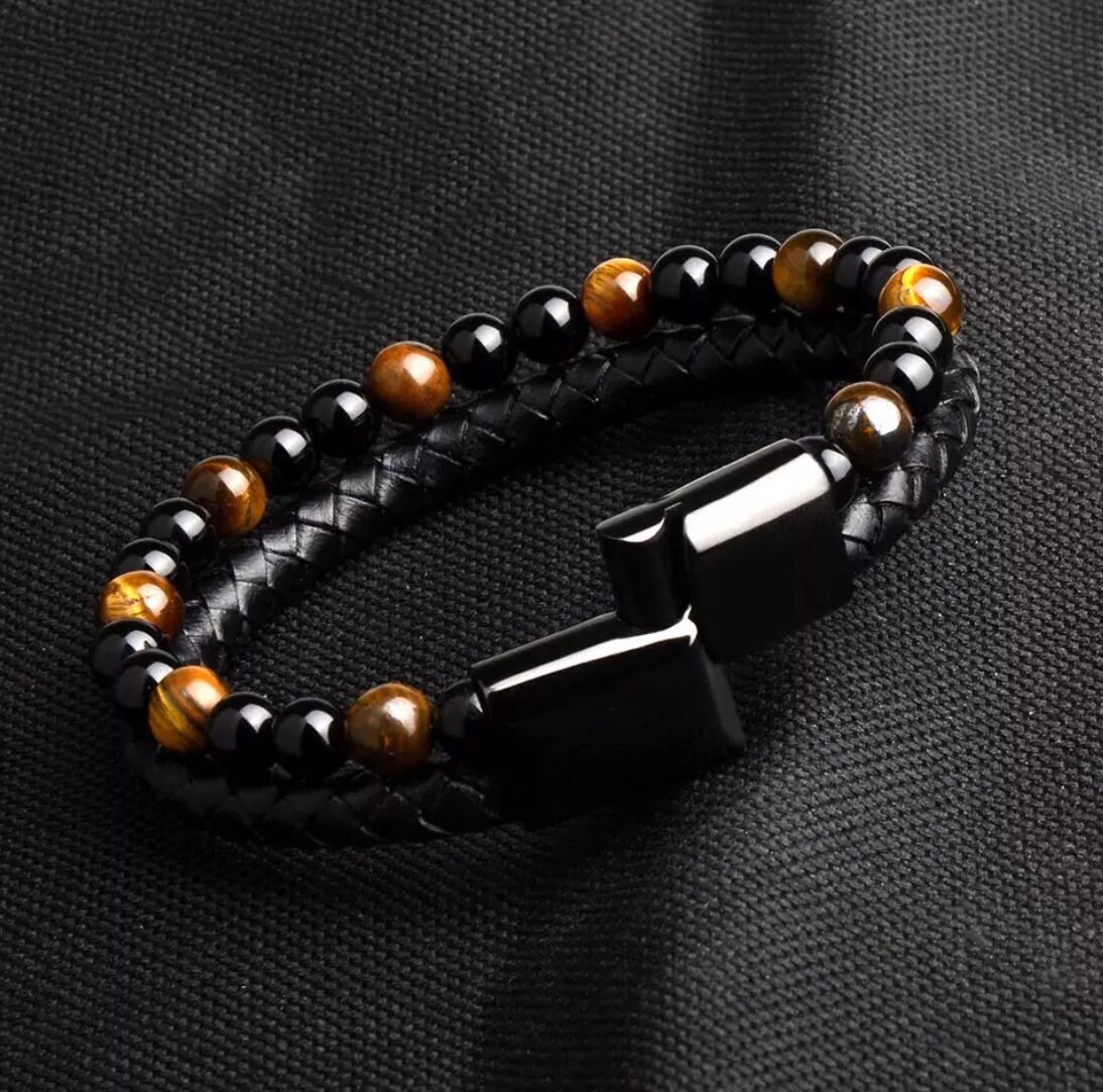 Tiger Eye Bead and Leather Bracelet Unisex Bracelet - Etsy UK