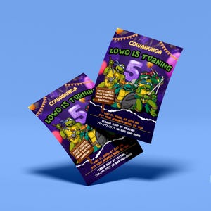 Ninja Turtles Cowabunga verjaardagsuitnodiging – Bewerkbare sjabloon voor een Ninja Turtle-feestje. Digitale of printbare uitnodigingskaart.