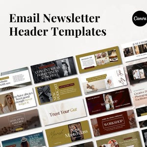Könnte beinhalten: Eine Auswahl an E-Mail-Newsletter-Header-Vorlagen mit verschiedenen Designs und dem Canva-Logo. Der Text enthält Sätze wie "Content-Ideen für Business-Coaches", "Workshop" und "Level Up to 6 Figures".