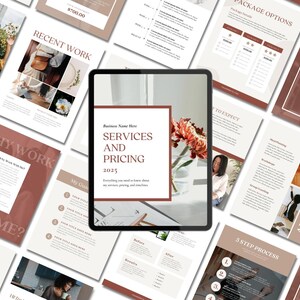 May include: A digital marketing services and pricing guide with a brown and white colour scheme. The guide includes information about services, pricing, and a 5-step process. The text "Services and Pricing 2025" is featured on the cover.