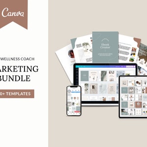 Könnte beinhalten: Ein digitales Marketing-Paket für Wellness-Coaches mit über 150 Vorlagen für Social Media, E-Mail-Marketing und mehr. Das Paket enthält eine Canva-Vorlage mit dem Text "Ebook Creator" und eine Vielzahl weiterer Designelemente.
