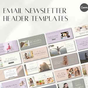 Può includere: Modelli di intestazione di newsletter via email con temi benessere. I modelli presentano immagini e testo relativi a temi come il relax, la scrittura di un diario e un'alimentazione sana. Il logo Canva è visibile nell'angolo in alto a destra.