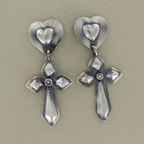Navajo heart and cross silver earring