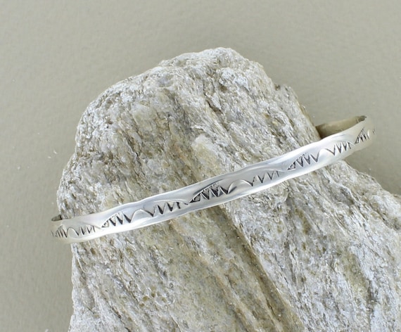 Navajo Stamped Silver Bracelet - Hand Stamped - Elaine Tahe