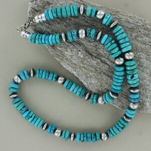 Turquoise and Navajo Pearl silver Rondel necklace - sterling silver and turquoise bead necklace