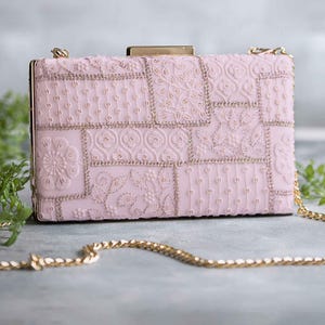 Bolso de mano de novia bordado de lujo con mosaico - rosa bebé, regalos de boda para ella, bolsos festivos de Diwali