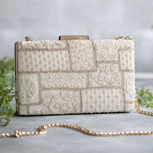 Mosaic Luxe Embroidered Bridal Clutch White Embroidered Georgette Designer Bag Evening Party Clutch Bag Bridal Gifts Diwali Party Bags Etsy Ireland