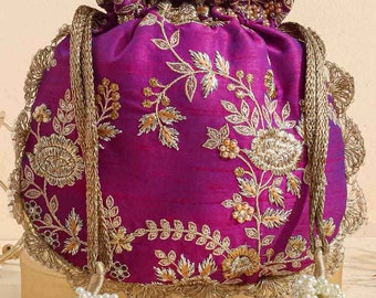 Purple embroidered scallop potli bag