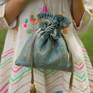Arbre Silk Embroidered Potli bag - blue green, handcrafted ethnic handbag for women, anniversary gifts for her, Diwali festive bags