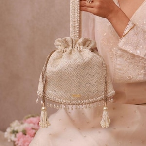 Mayuri Embroidered top handle Potli - Off-white,wedding gift, gift for women, reception bag, Handcrafted Bag, Gifts for her, Indian Potlis